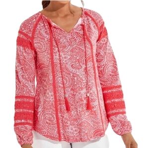 Coolibar Coral White Sarti Shirt Paisley Print UPF 50+ Crochet Detail Sz L